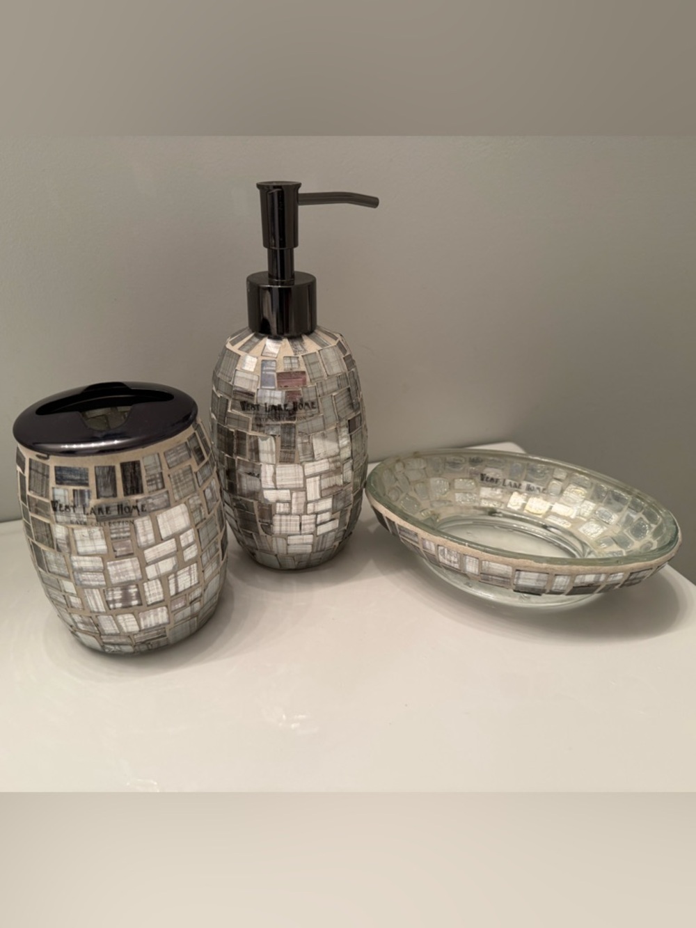 Silver Mosaic Home Bath Soap Dispenser pump, soap dish and toothbrush holder